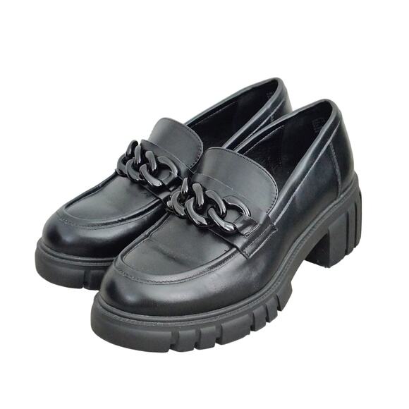 Michael Shannon Women Size 8 Black Chunky Heel Loafers Chain Link Y2k Goth Punk - Picture 1 of 7